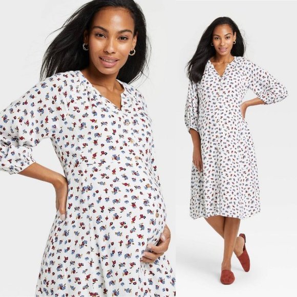 The Nines by Hatch Medium 3/4 Sleeve Button-Front Poplin Maternity Midi Dress - Picture 1 of 11